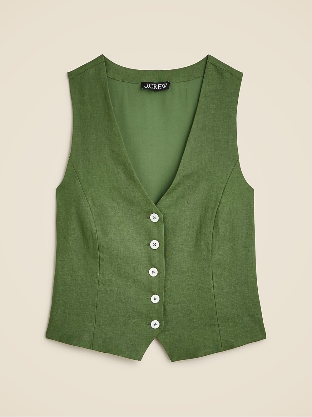 J. Crew Olive Green Slim Fit V-Neck Linen-Blend Button Front Vest